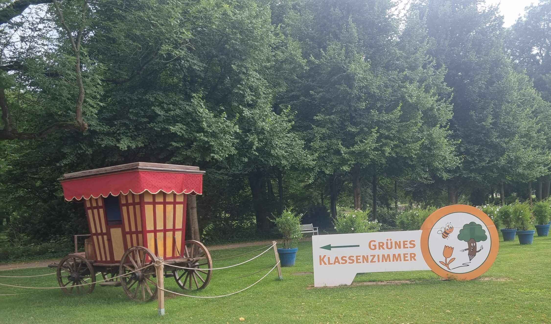 Schlosspark mit großemSchild:Das grüne Klassenzimmer und alter Kutsche